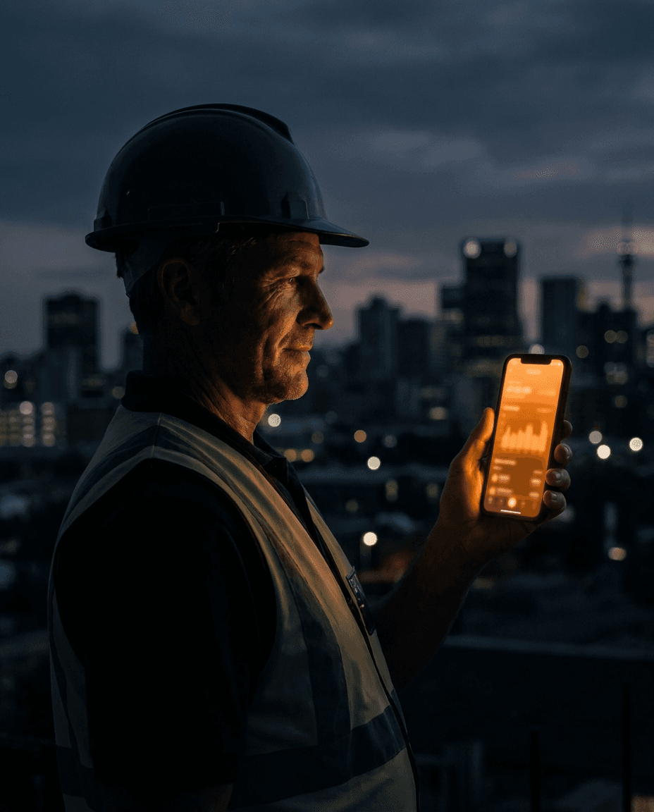 A site supervisor closing compliance tasks from their phone at dusk